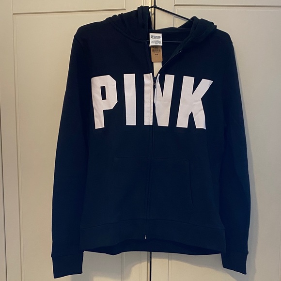 PINK Victoria's Secret Tops - PINK Victoria's Secret Black Hoodie with White Logo